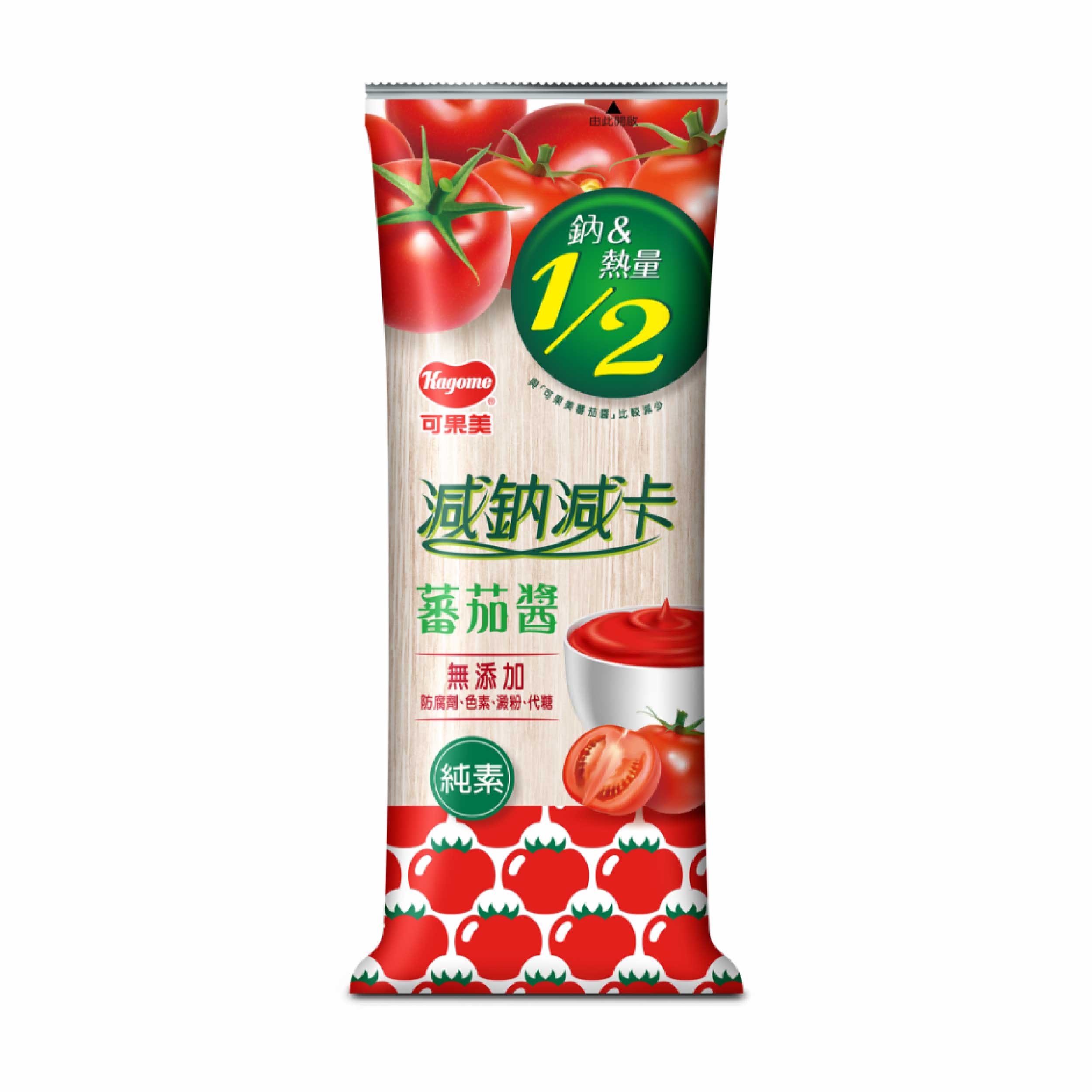 可果美 減鈉減卡蕃茄醬 熱量與鈉減少一半，無添加防腐劑與色素澱粉，美味更輕盈，豐富多變的滋味完美契合各式中西料理。產品圖